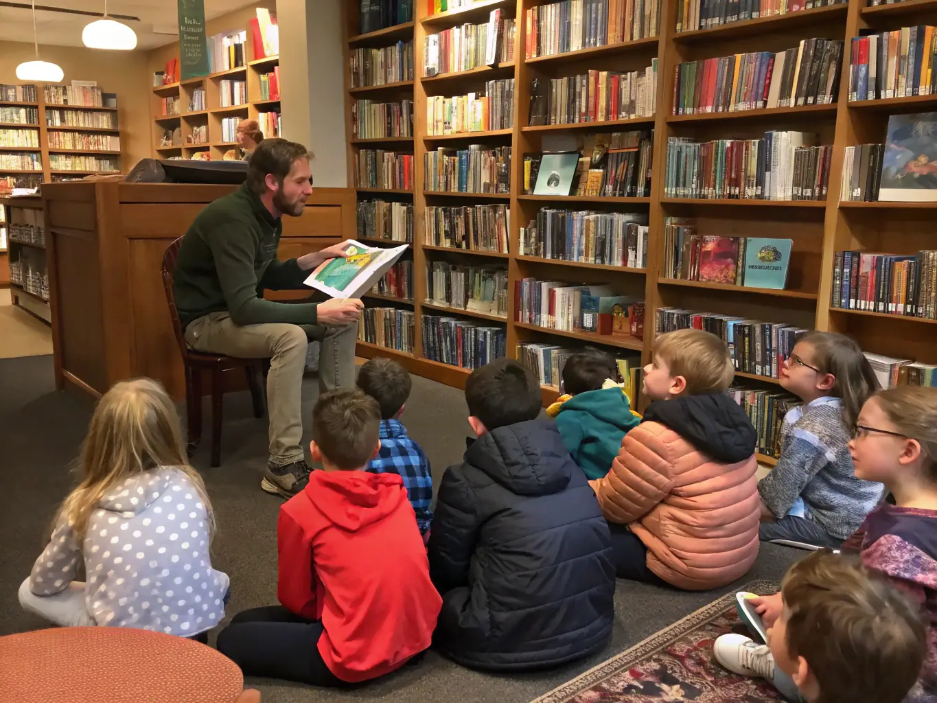 A photo of children participating in a storytelling session at a local library, with a storyteller dressed in costume and the children listening attentively with wide eyes.