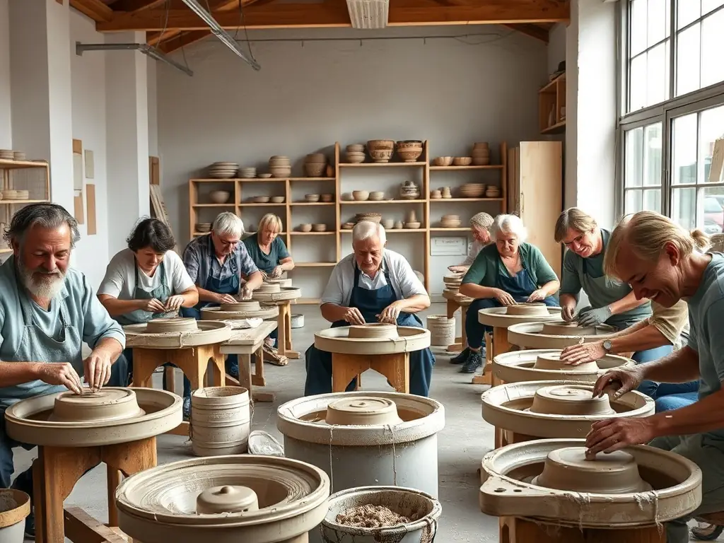 An image of participants of all ages engaged in a pottery workshop, hands covered in clay, smiling and focused, with finished pottery pieces displayed in the background. The setting is a bright, airy studio with natural light.