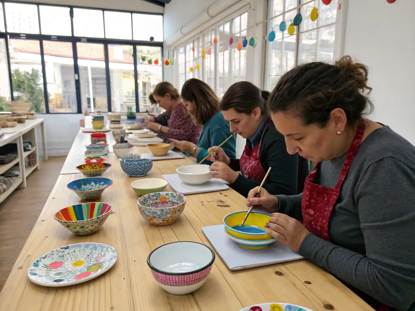 A vibrant image depicting participants of all ages engaged in a pottery workshop, showcasing the hands-on learning and creative expression fostered by ASSOCIATION FAMILIALE RURALE.